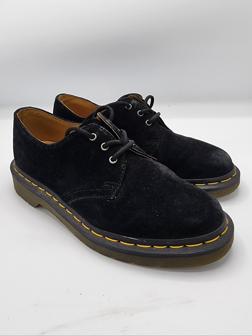 Dr. Martens Black Suede Derby Shoes with Yellow Stitching